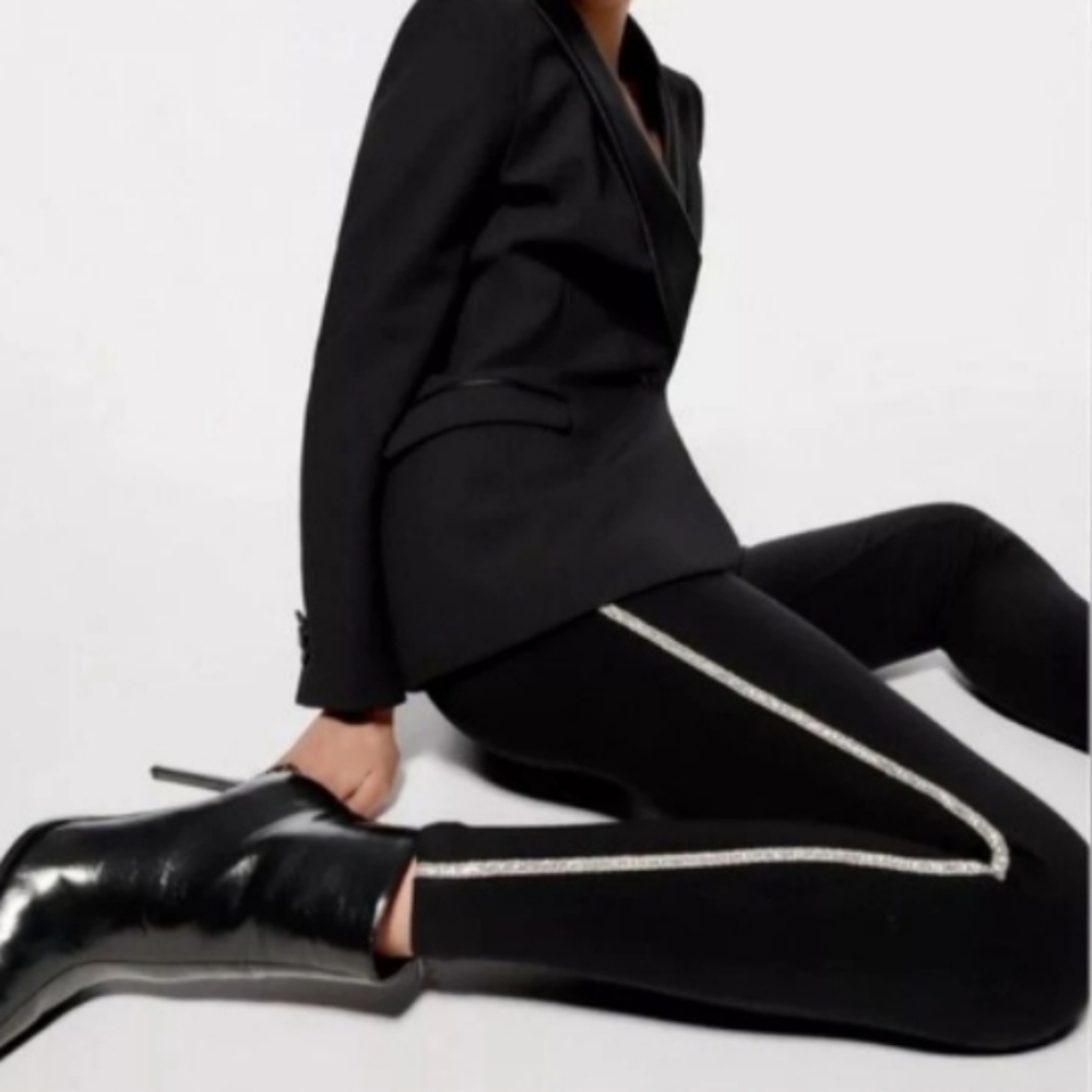Zara Black Stretch Pull On Pants w/ Rhinestone Piping XXL